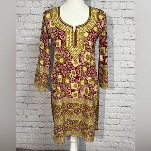 Sharif Red and Green Patterned Long Sleeve Kurta/Tunic
